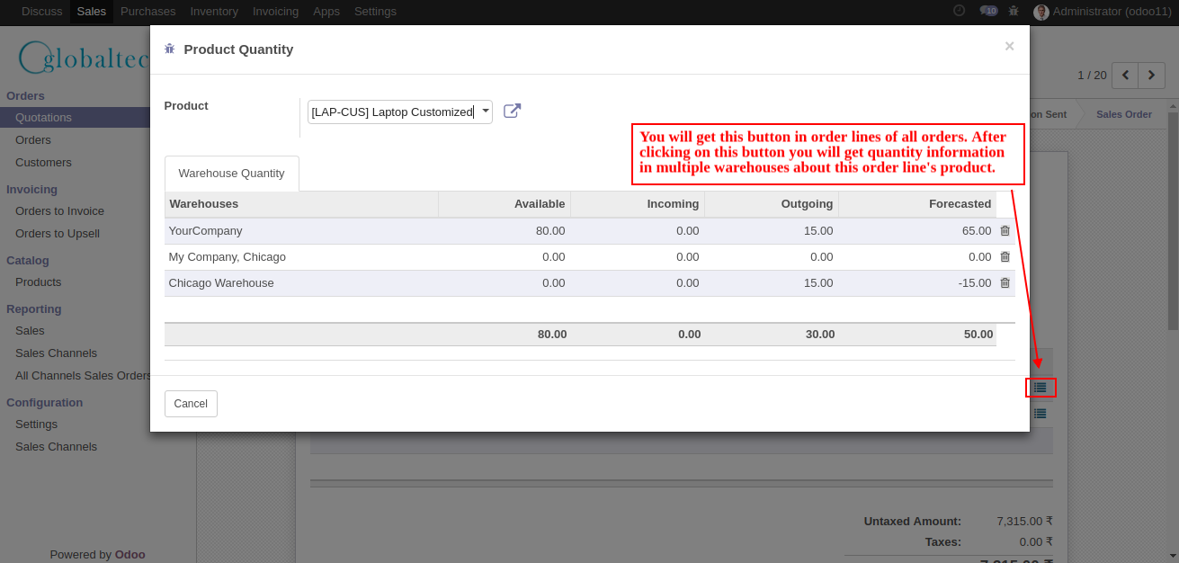 Odoo Warehouse Wise Product quantity on sales and purchase