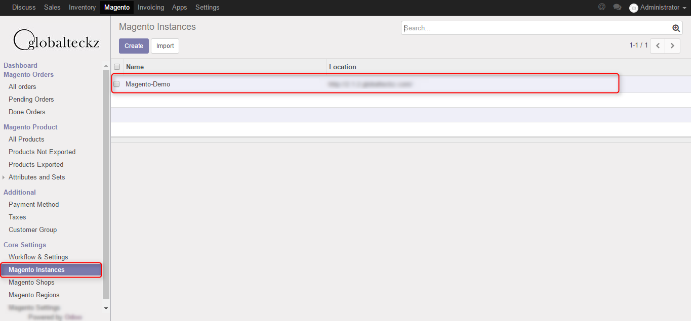 magento 2 odoo connector instance created